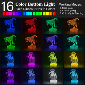 3D Dinosaur Night Light, 3D Illusion Lamp Nightlight 4-Pattern and 16-Colors with Remote Control, Best Birthday Christmas Toy Gifts for Boys Girls