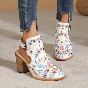 (Summer Sale-30% OFF) Women's Embroidered & Studded Decor Chunky Heeled Boots