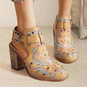 (Summer Sale-30% OFF) Women's Embroidered & Studded Decor Chunky Heeled Boots