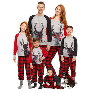 Christmas Family Matching Xmas Reindeer Tops Plaid Pants Pajamas Set