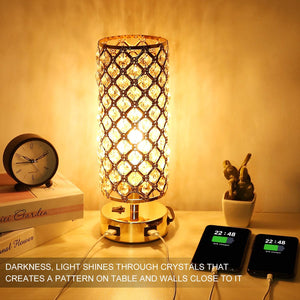 USB Crystal Table Lamp, Gold Table Lamp with Dual USB Charging Ports